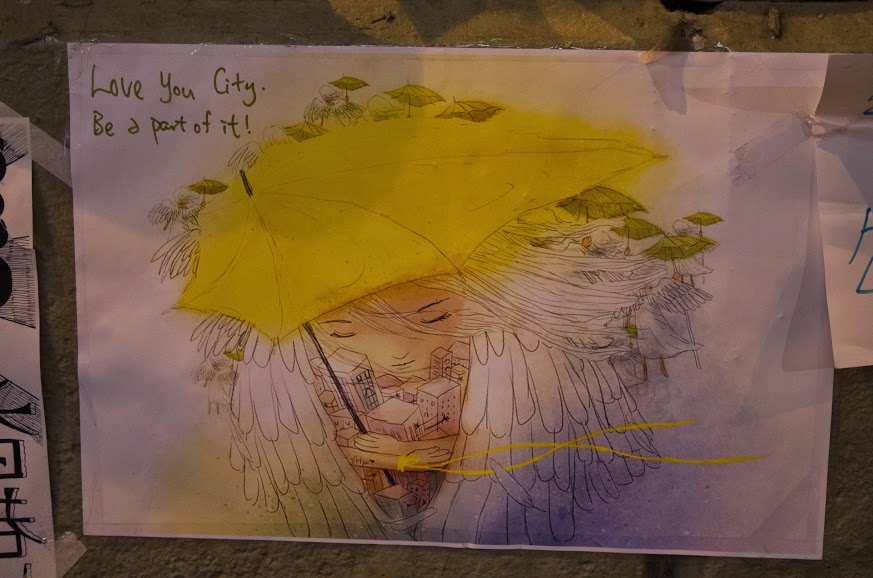 winged girl with umbrella hugging hong kong