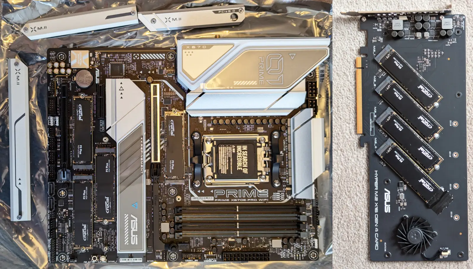 X670E motherboard and 4x PCIe card with 8 SSDs installed